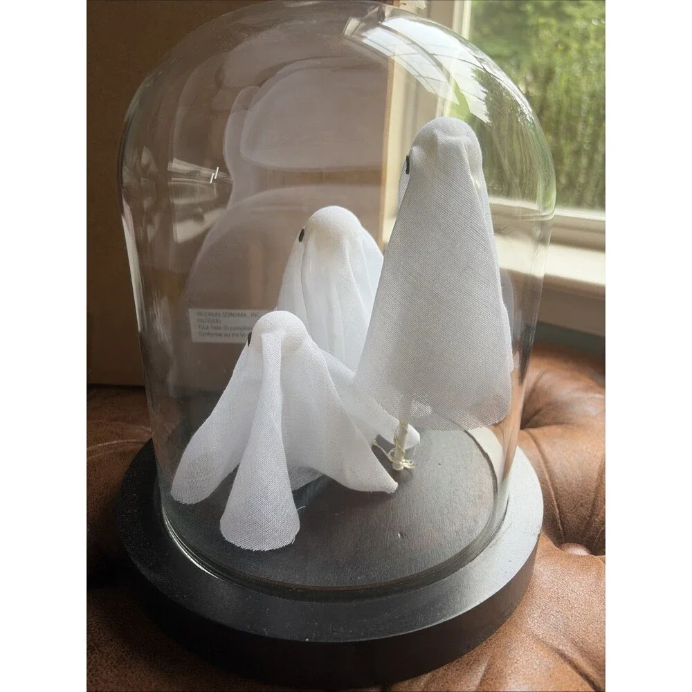 POTTERY BARN Handcrafted Trio Lit Ghost Dome Cloche Light Up 3 Ghosts NEW BOX